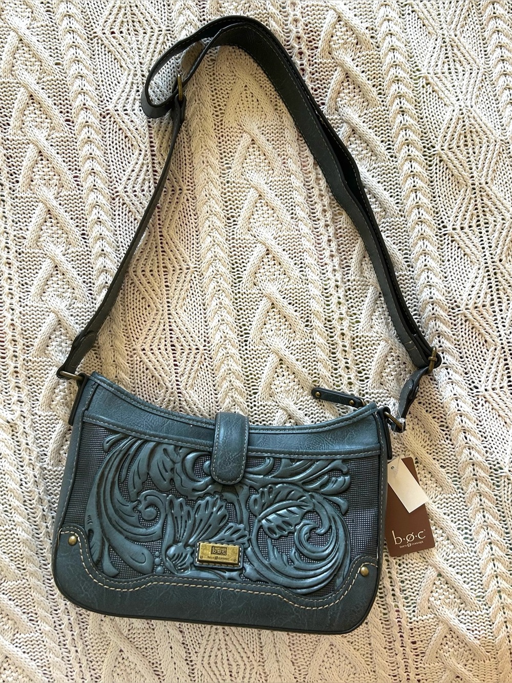 b.o.c. Teal Tooled Floral Leather Shoulder Bag